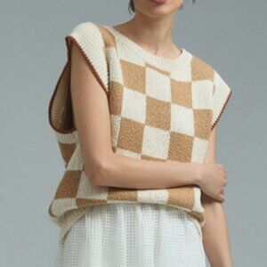 Anthropologie Mauve Checkered Sweater Vest | Cream and Orange | Size Medium